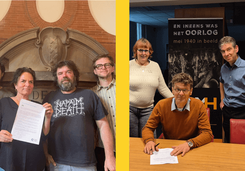 Links op de foto staan drie medewerkers van Waag Futurelab met het ondertekende manifest; rechts staan drie medewerkers van Nederlands Instituut voor Militaire Historie met het ondertekende manifest