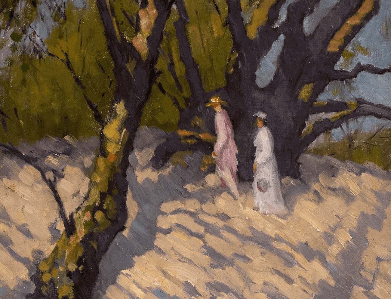 Schilderij van twee mensen die door het bos wandelen