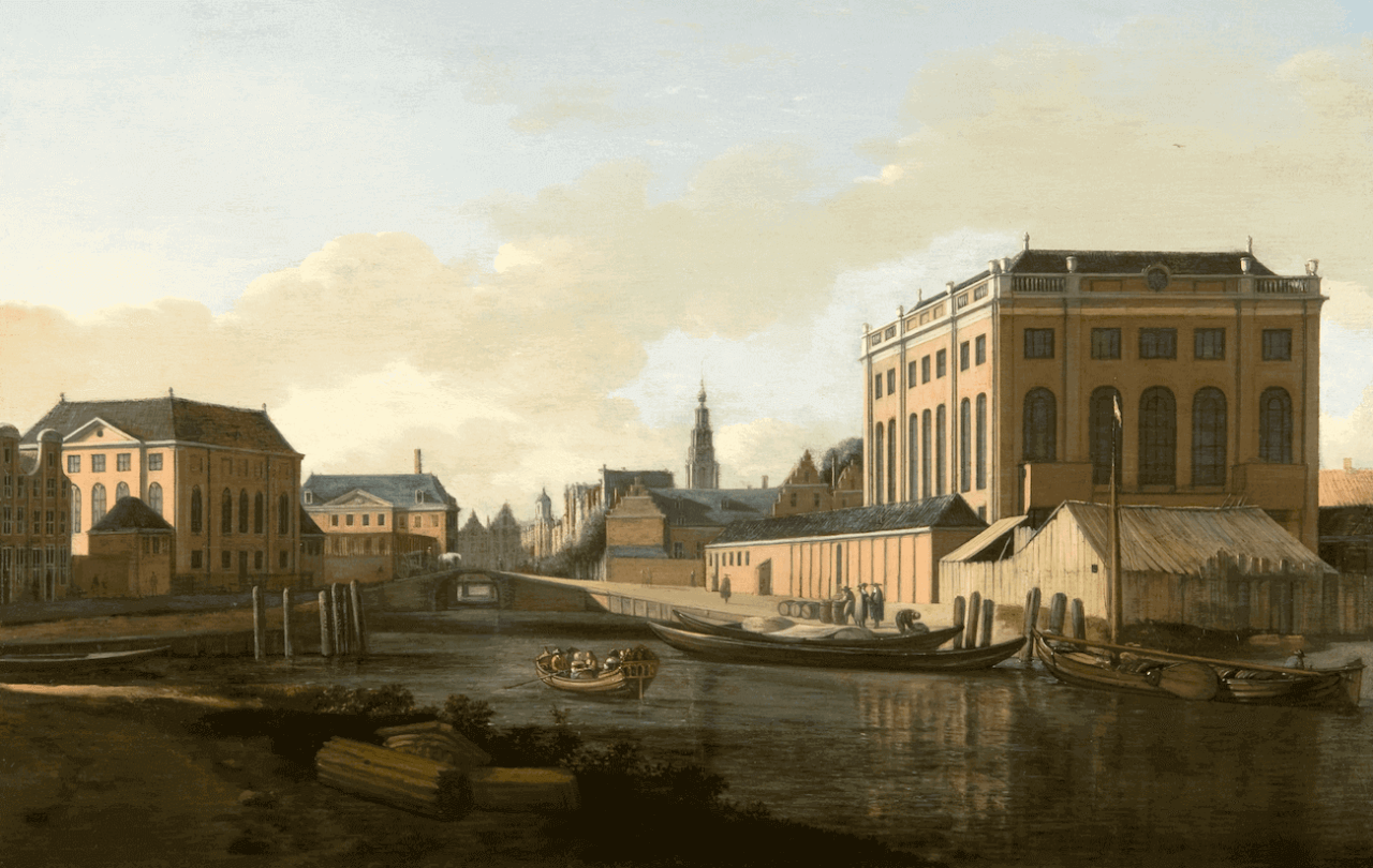 Gezicht op de Grote en Portugese Synagoge te Amsterdam, geschilderd door Gerrit Adriaensz. Berckheyde, 1675-1680