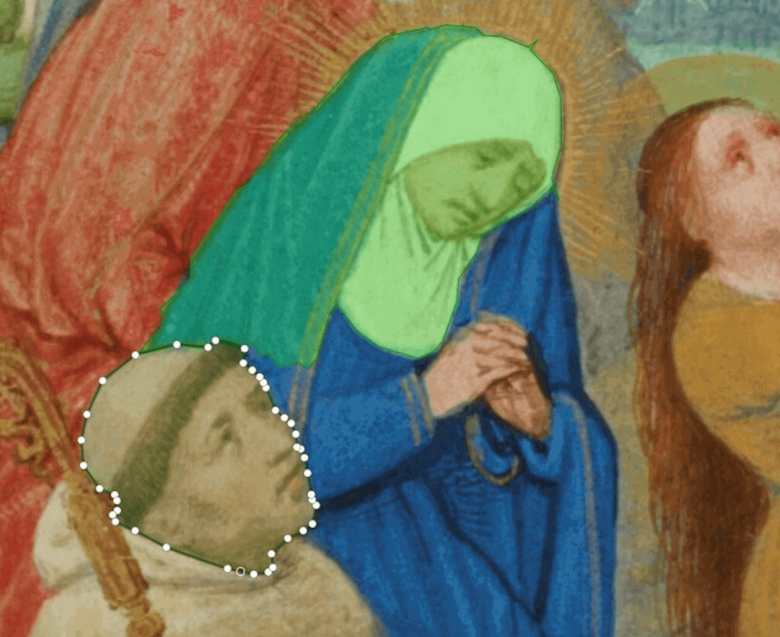 Detail van een middeleeuws handschrift met een omcirkelde persoon in een online annotatietool