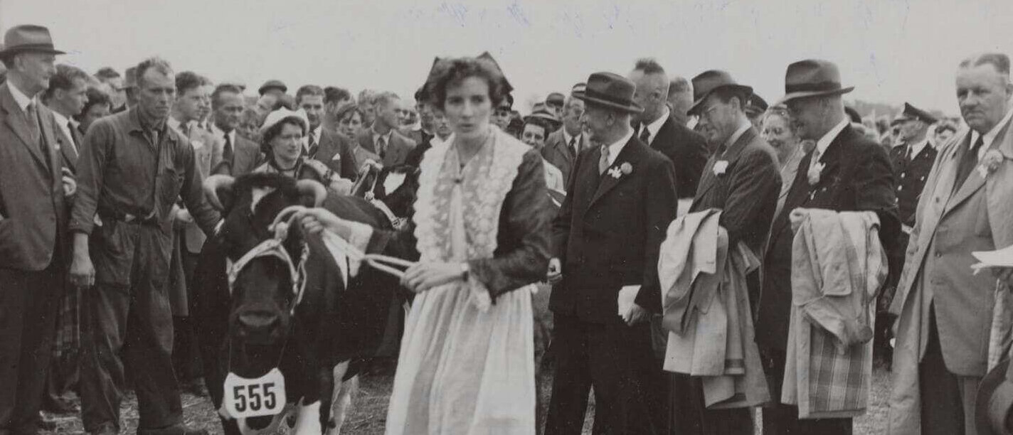 Een meisje in Fries kostuum leidt bekroond stamboekvee voor aan prins Bernhard, tentoonstelling 75 jaar Fries rundvee-stamboek, Leeuwarden.